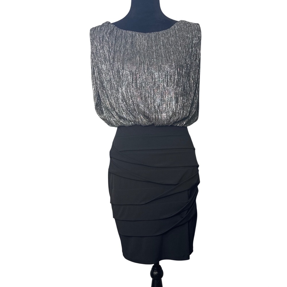 Enfocus Studio Size 6 Black Silver Metallic Ruched Cocktail Dress Holiday Glam